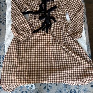 Brown and White Gingham Casual Maxi Dress with Bishop Sleeves